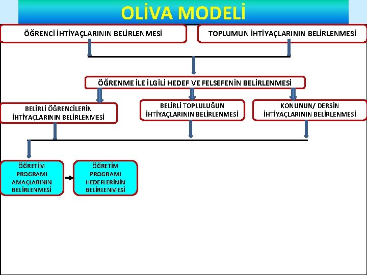 OLİVA MODELİ ÖĞRENCİ İHTİYAÇLARININ BELİRLENMESİ TOPLUMUN İHTİYAÇLARININ BELİRLENMESİ ÖĞRENME İLGİLİ HEDEF VE FELSEFENİN BELİRLENMESİ