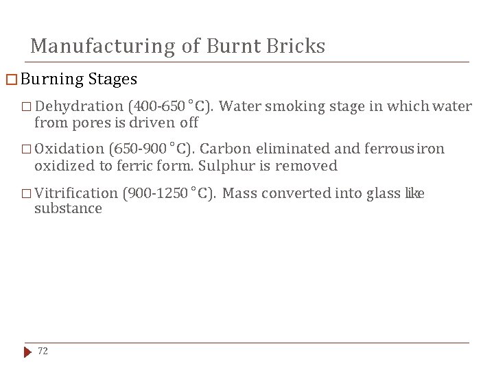 Manufacturing of Burnt Bricks � Burning Stages � Dehydration (400 -650 °C). Water smoking