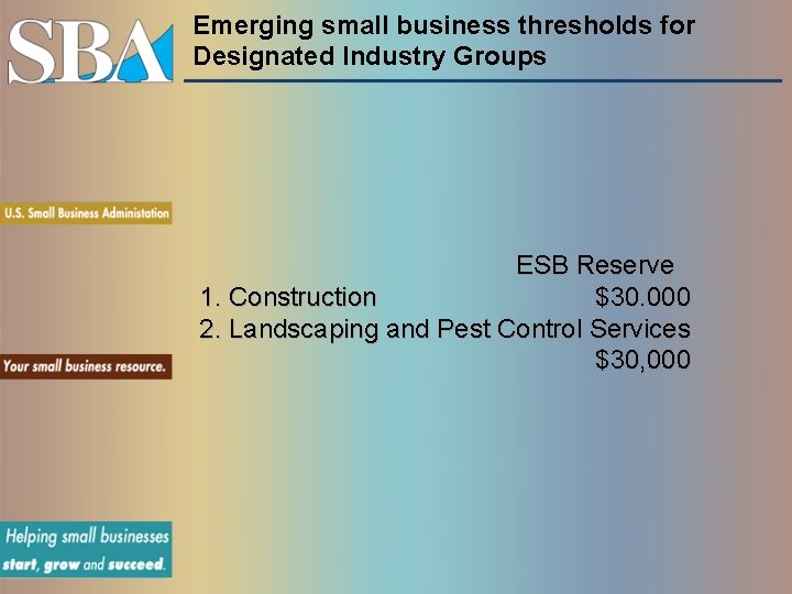 Emerging small business thresholds for Designated Industry Groups ESB Reserve 1. Construction $30. 000