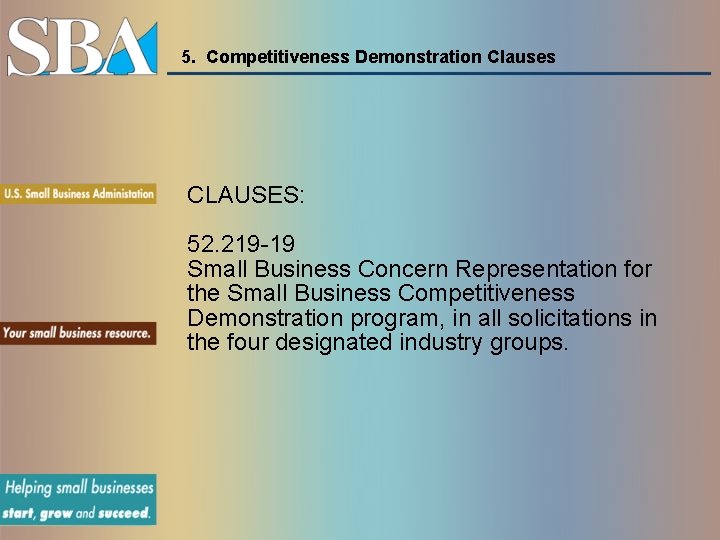 5. Competitiveness Demonstration Clauses CLAUSES: 52. 219 -19 Small Business Concern Representation for the