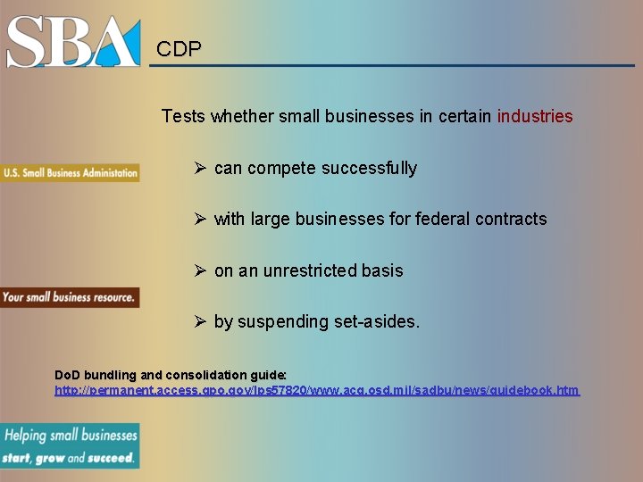 CDP Tests whether small businesses in certain industries Ø can compete successfully Ø with