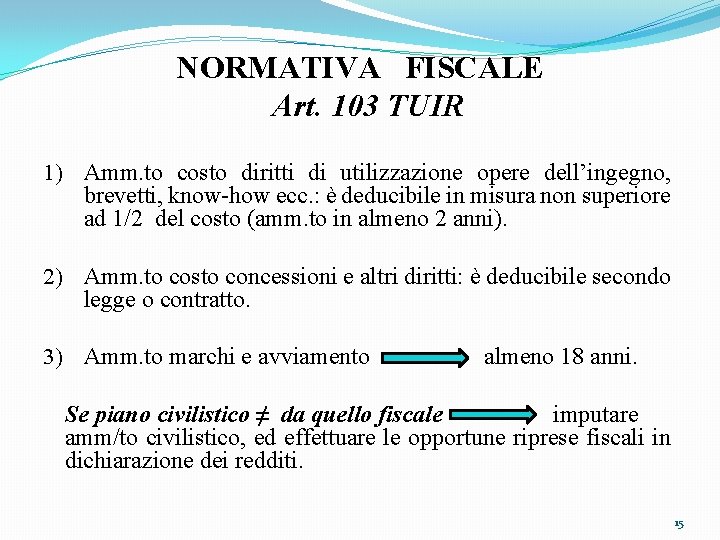 NORMATIVA FISCALE Art. 103 TUIR 1) Amm. to costo diritti di utilizzazione opere dell’ingegno,