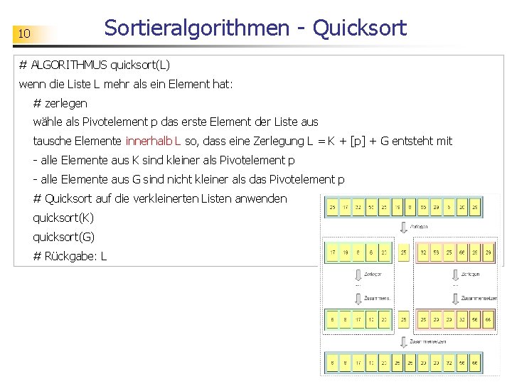 Sortieralgorithmen - Quicksort 10 # ALGORITHMUS quicksort(L) wenn die Liste L mehr als ein