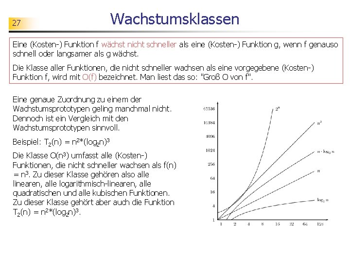 27 Wachstumsklassen Eine (Kosten-) Funktion f wächst nicht schneller als eine (Kosten-) Funktion g,