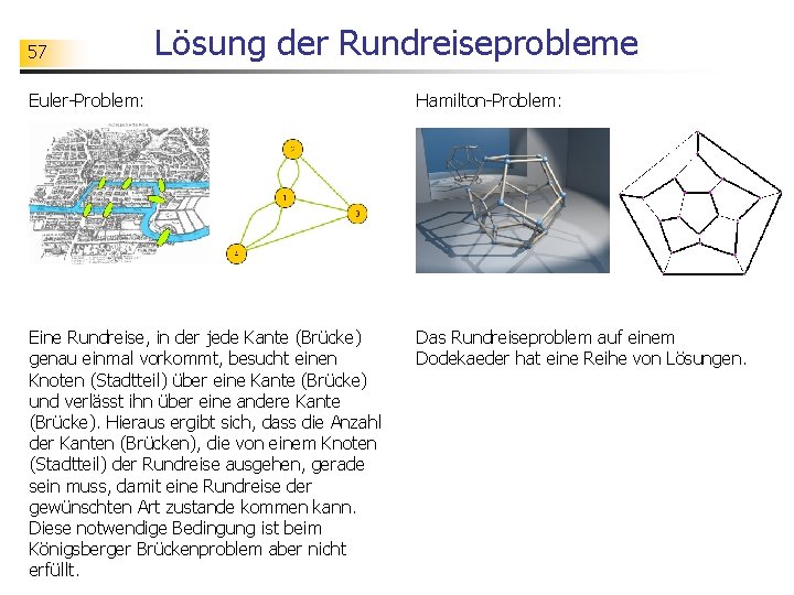 57 Lösung der Rundreiseprobleme Euler-Problem: Hamilton-Problem: Eine Rundreise, in der jede Kante (Brücke) genau