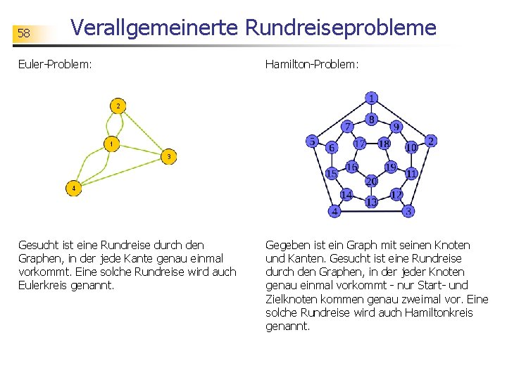 58 Verallgemeinerte Rundreiseprobleme Euler-Problem: Hamilton-Problem: Gesucht ist eine Rundreise durch den Graphen, in der