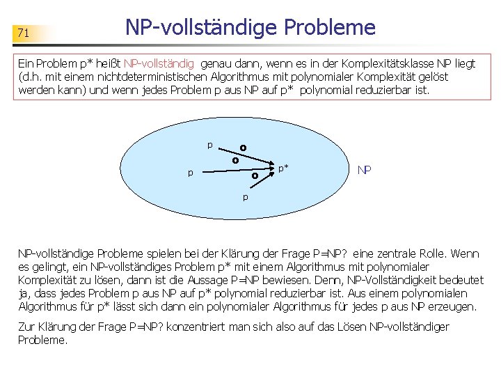 71 NP-vollständige Probleme Ein Problem p* heißt NP-vollständig genau dann, wenn es in der
