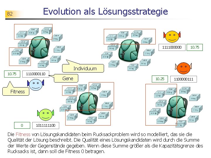 Evolution als Lösungsstrategie 82 1111000000 10. 75 Individuum 10. 75 1110000110 Gene 10. 25