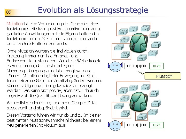 85 Evolution als Lösungsstrategie Mutation ist eine Veränderung des Gencodes eines Individuums. Sie kann