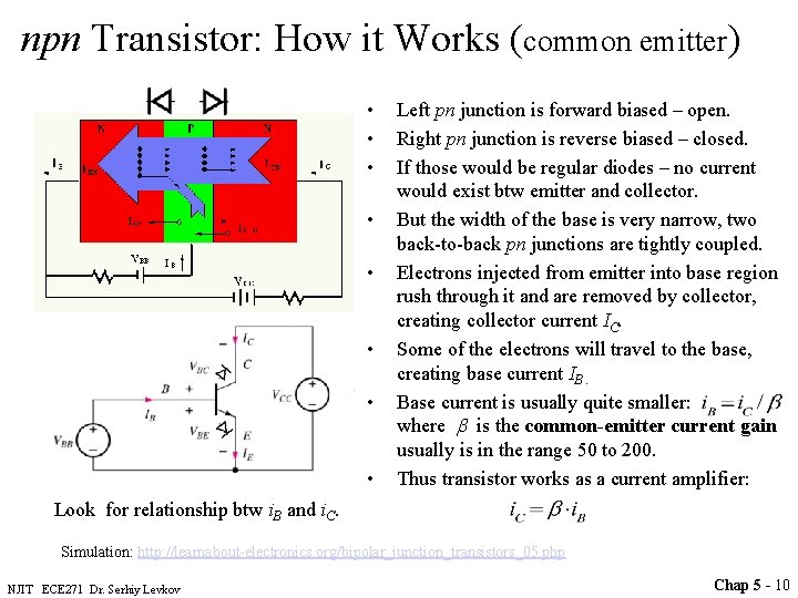 npn Transistor: How it Works (common emitter) • • Left pn junction is forward