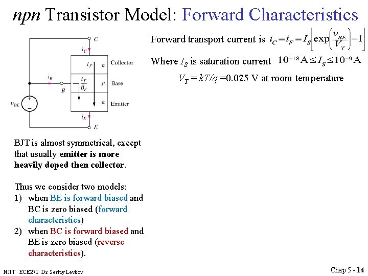 npn Transistor Model: Forward Characteristics Forward transport current is Where IS is saturation current