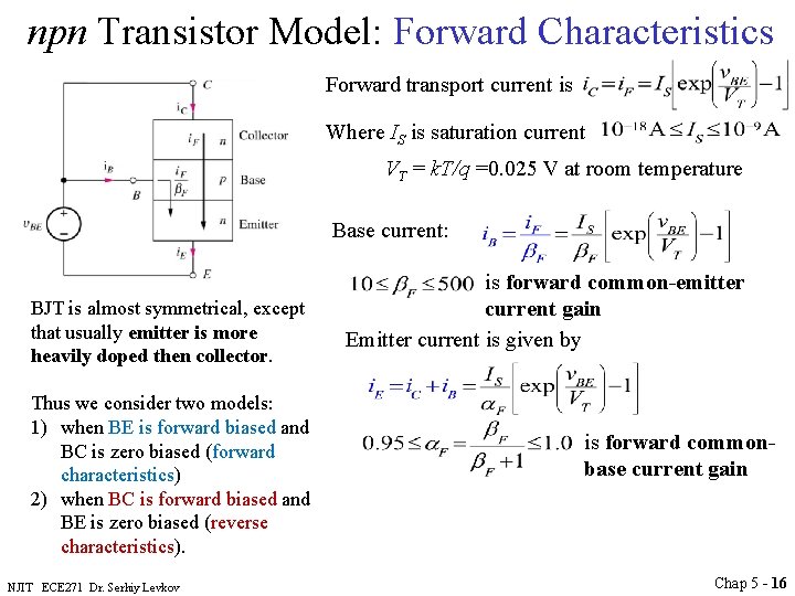 npn Transistor Model: Forward Characteristics Forward transport current is Where IS is saturation current