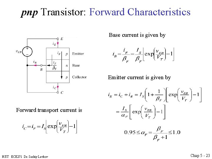 pnp Transistor: Forward Characteristics Base current is given by Emitter current is given by