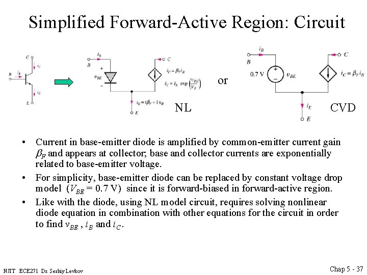 Simplified Forward-Active Region: Circuit or NL CVD • Current in base-emitter diode is amplified