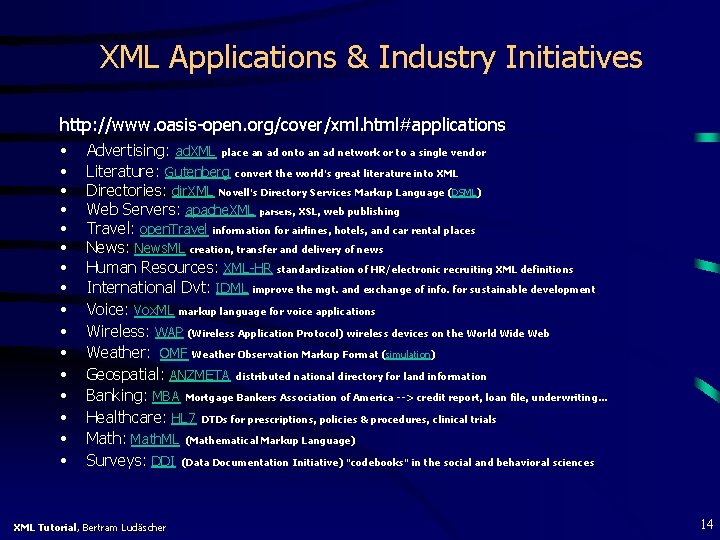 XML Applications & Industry Initiatives http: //www. oasis-open. org/cover/xml. html#applications • Advertising: ad. XML