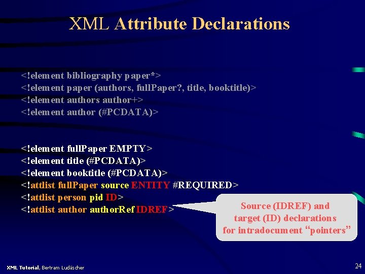 XML Attribute Declarations <!element bibliography paper*> <!element paper (authors, full. Paper? , title, booktitle)>