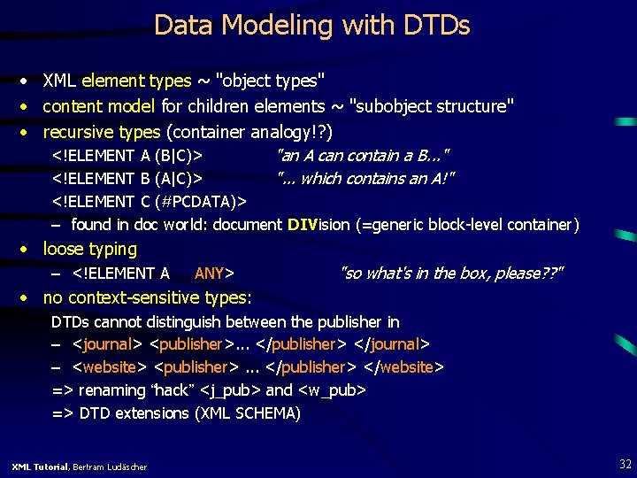 Data Modeling with DTDs • XML element types ~ "object types" • content model