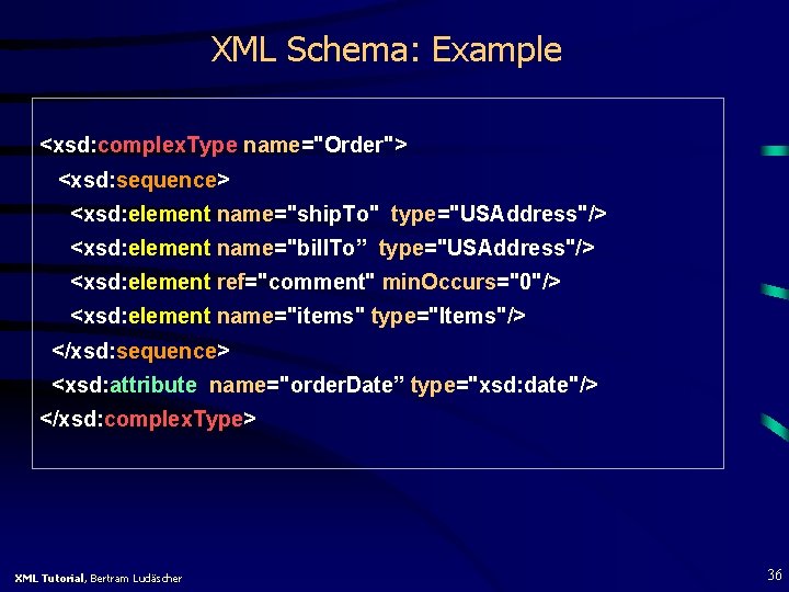 XML Schema: Example <xsd: complex. Type name="Order"> <xsd: sequence> <xsd: element name="ship. To" type="USAddress"/>