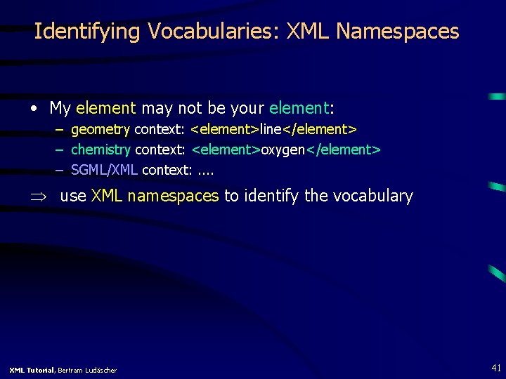 Identifying Vocabularies: XML Namespaces • My element may not be your element: – geometry
