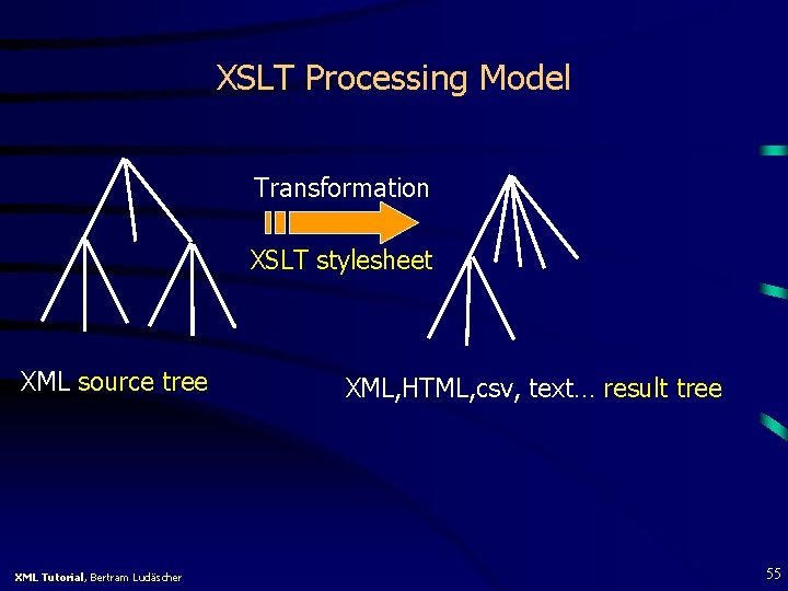 XSLT Processing Model Transformation XSLT stylesheet XML source tree XML Tutorial, Bertram Ludäscher XML,