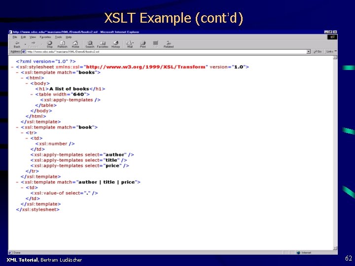 XSLT Example (cont’d) XML Tutorial, Bertram Ludäscher 62 