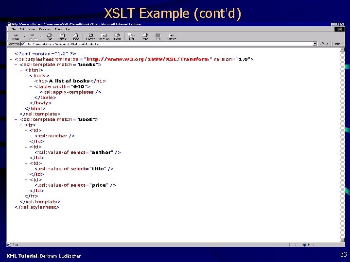 XSLT Example (cont’d) XML Tutorial, Bertram Ludäscher 63 