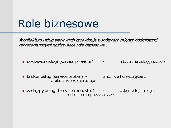 Role biznesowe Architektura usług sieciowych przewiduje współpracę między podmiotami reprezentującymi następujące role biznesowe :