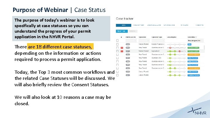Purpose of Webinar | Case Status The purpose of today’s webinar is to look