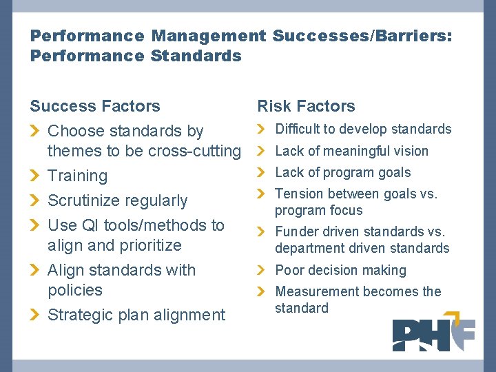 Performance Management Successes/Barriers: Performance Standards Success Factors Risk Factors Choose standards by themes to