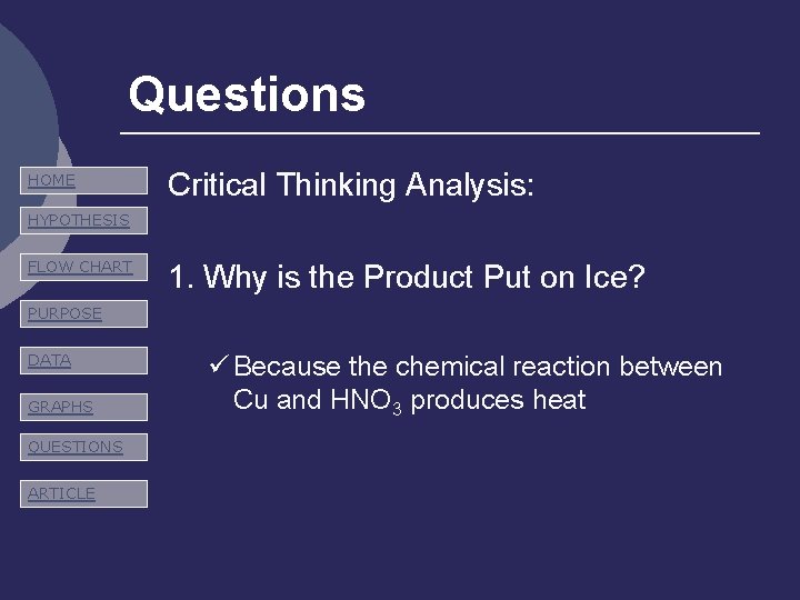 Questions HOME Critical Thinking Analysis: HYPOTHESIS FLOW CHART 1. Why is the Product Put