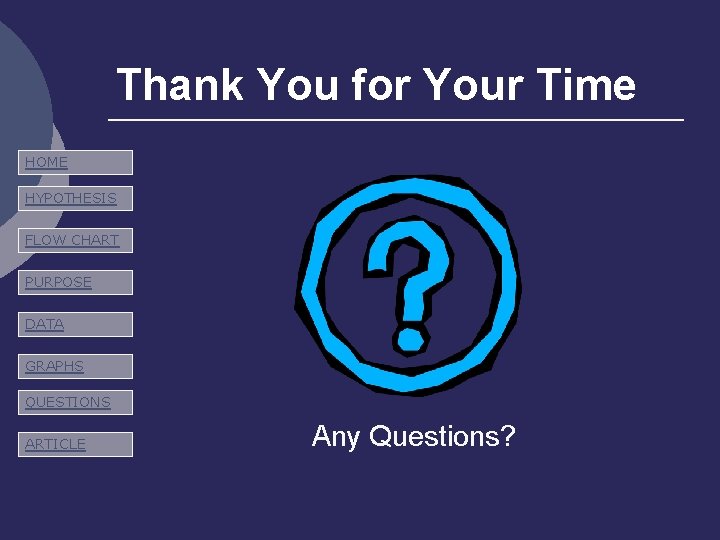 Thank You for Your Time HOME HYPOTHESIS FLOW CHART PURPOSE DATA GRAPHS QUESTIONS ARTICLE