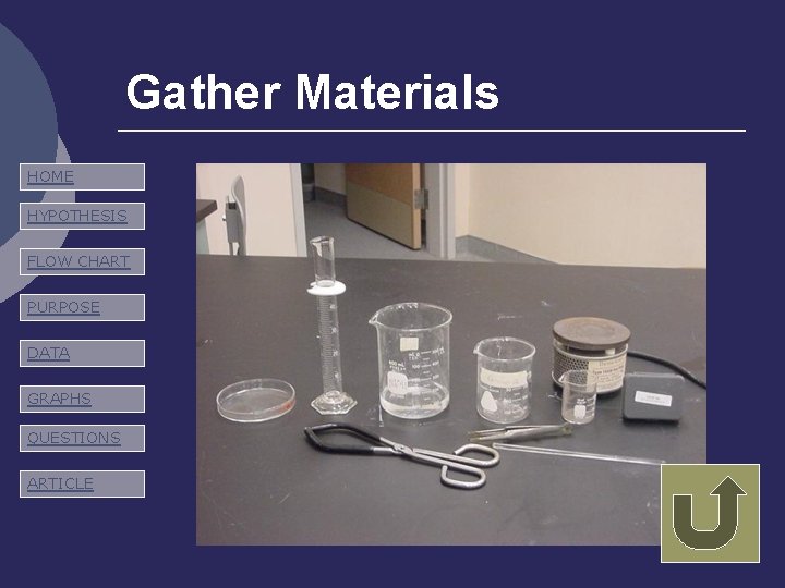 Gather Materials HOME HYPOTHESIS FLOW CHART PURPOSE DATA GRAPHS QUESTIONS ARTICLE 