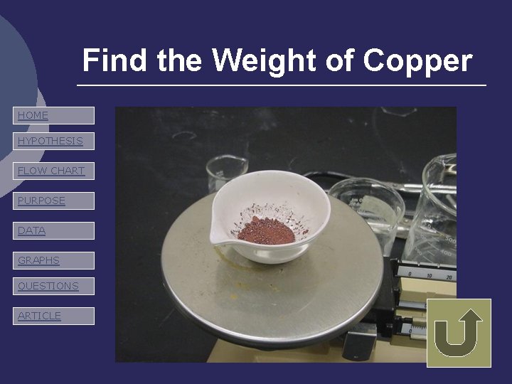 Find the Weight of Copper HOME HYPOTHESIS FLOW CHART PURPOSE DATA GRAPHS QUESTIONS ARTICLE