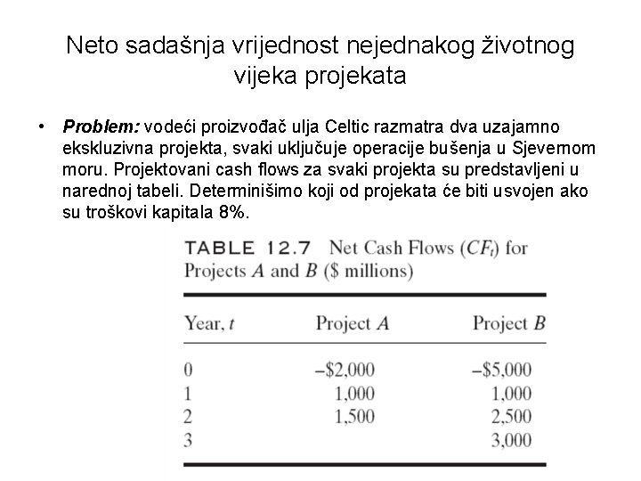 Neto sadašnja vrijednost nejednakog životnog vijeka projekata • Problem: vodeći proizvođač ulja Celtic razmatra