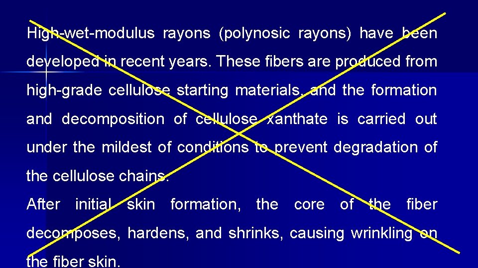 High-wet-modulus rayons (polynosic rayons) have been developed in recent years. These fibers are produced