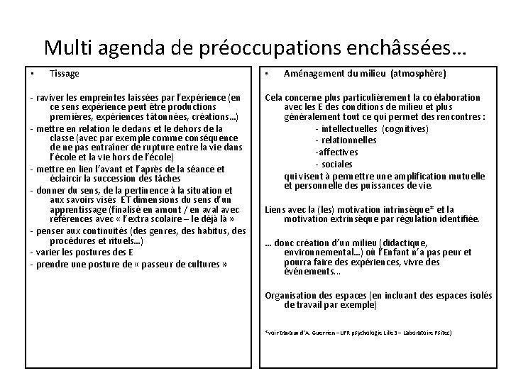 Multi agenda de préoccupations enchâssées… • Tissage - raviver les empreintes laissées par l’expérience