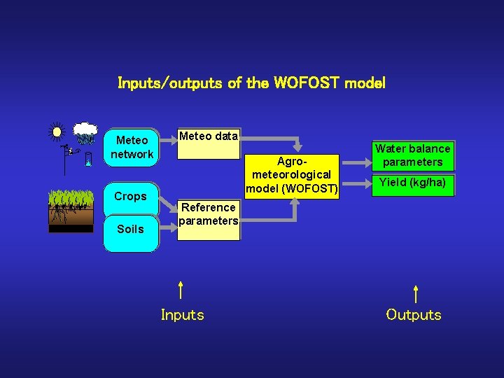 Inputs/outputs of the WOFOST model Meteo network Crops Soils Meteo data Agrometeorological model (WOFOST)