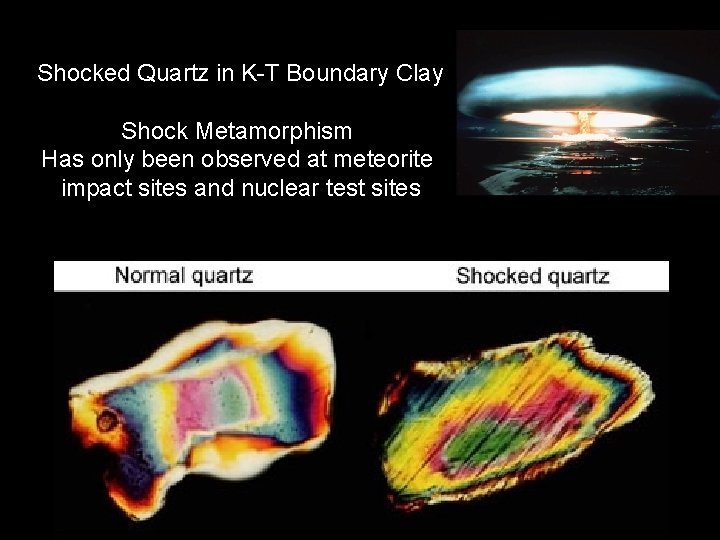 Shocked Quartz in K-T Boundary Clay Shock Metamorphism Has only been observed at meteorite