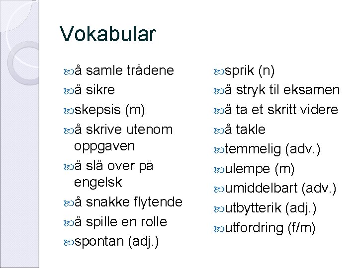 Vokabular å samle trådene å sikre skepsis (m) å skrive utenom oppgaven å slå