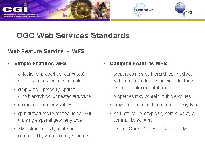 OGC Web Services Standards Web Feature Service - WFS • Simple Features WFS •