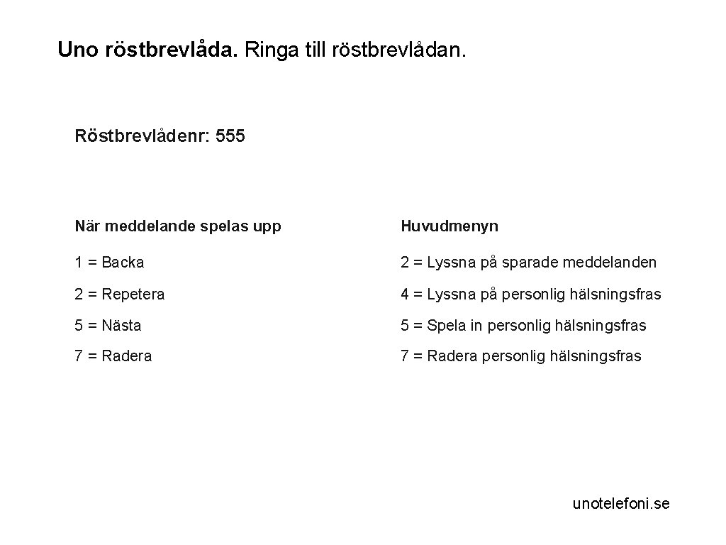 Uno röstbrevlåda. Ringa till röstbrevlådan. Röstbrevlådenr: 555 När meddelande spelas upp Huvudmenyn 1 =