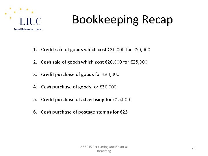 Bookkeeping Recap 1. Credit sale of goods which cost € 30, 000 for €