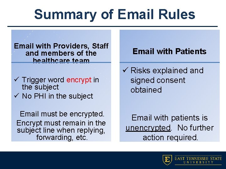 Summary of Email Rules Email with Providers, Staff and members of the healthcare team
