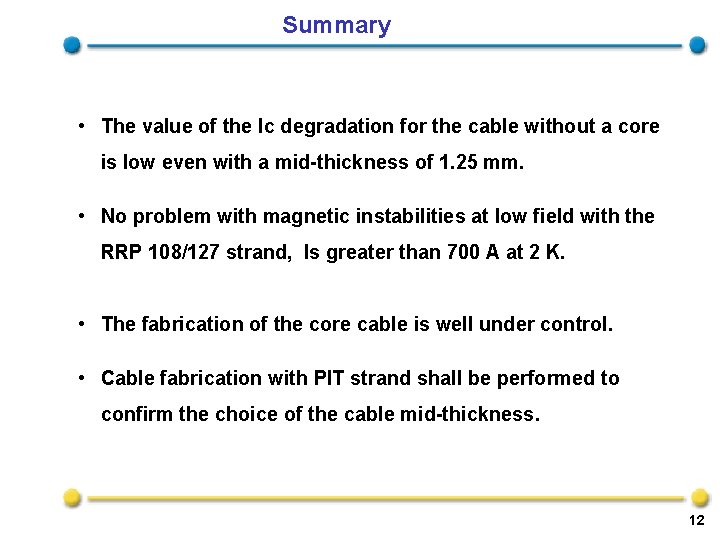 Summary • The value of the Ic degradation for the cable without a core