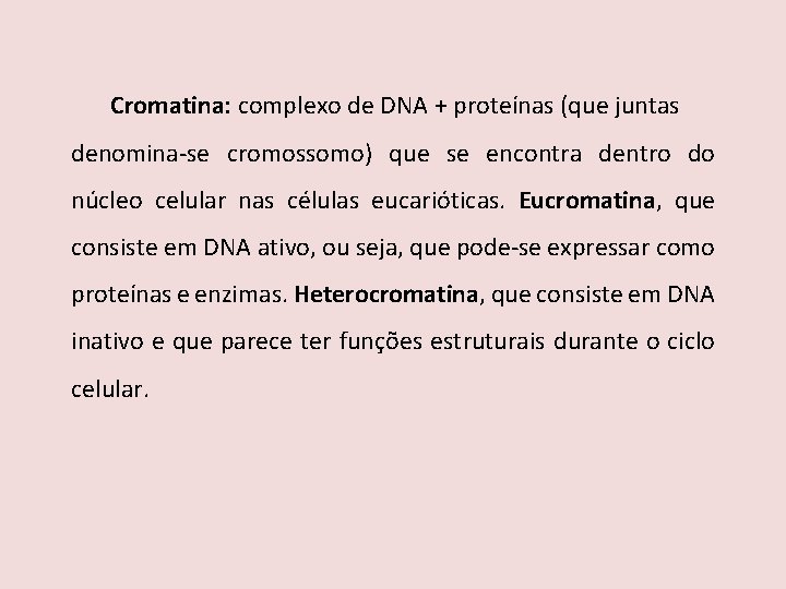 Cromatina: complexo de DNA + proteínas (que juntas denomina-se cromossomo) que se encontra dentro