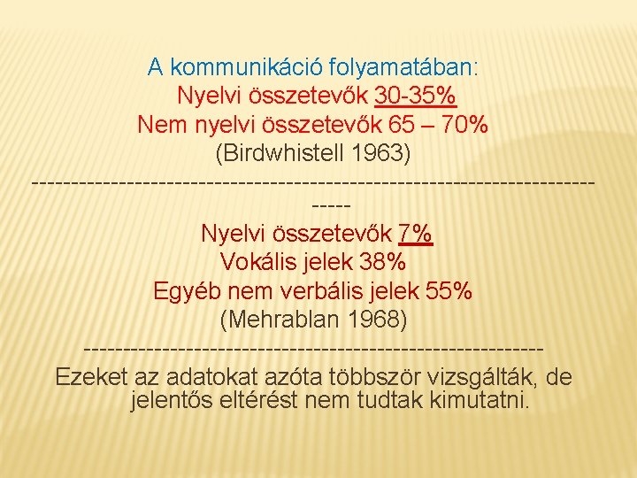 A kommunikáció folyamatában: Nyelvi összetevők 30 -35% Nem nyelvi összetevők 65 – 70% (Birdwhistell