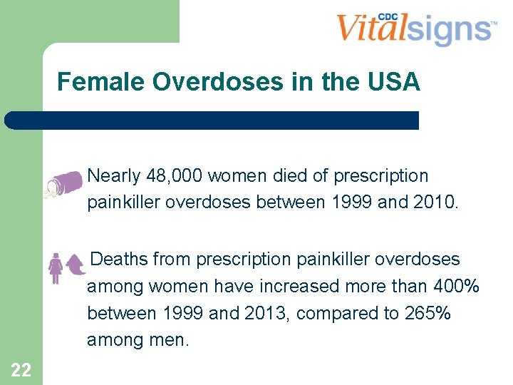Female Overdoses in the USA Nearly 48, 000 women died of prescription painkiller overdoses