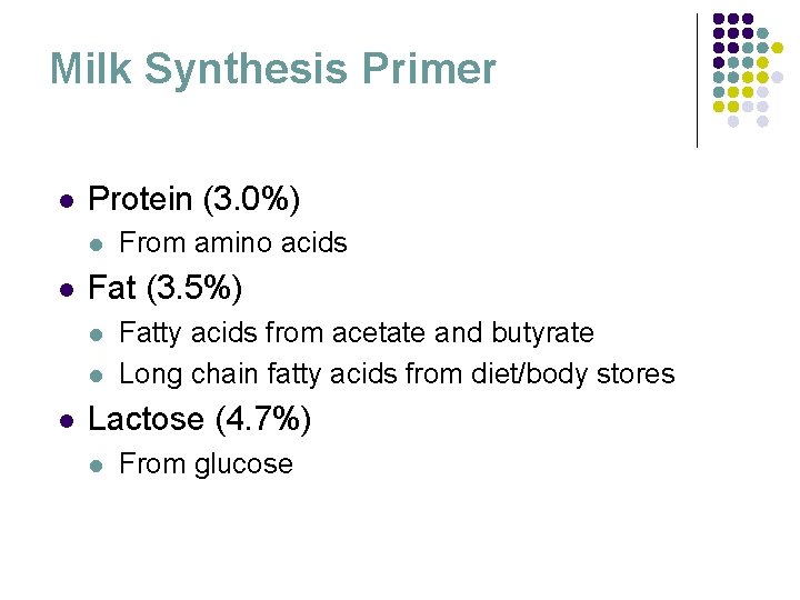 Milk Synthesis Primer l Protein (3. 0%) l l Fat (3. 5%) l l