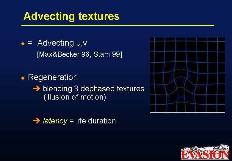 Advecting textures l = Advecting u, v [Max&Becker 96, Stam 99] l Regeneration è