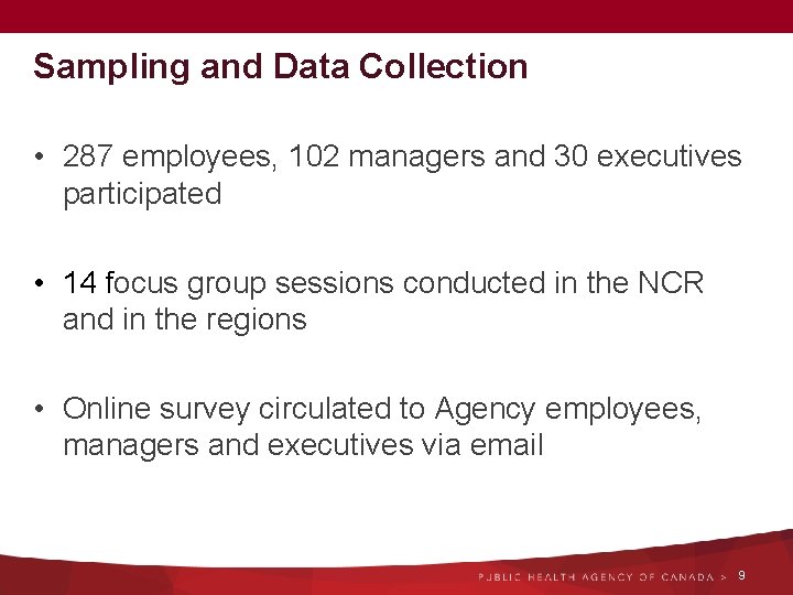 Sampling and Data Collection • 287 employees, 102 managers and 30 executives participated •